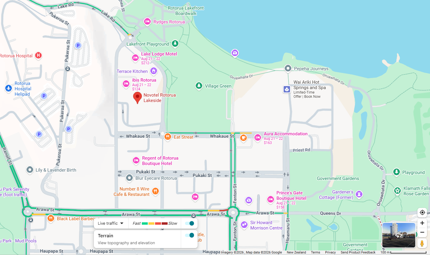 Map showing the location of Novotel Rotorua Lakeside and nearby attractions